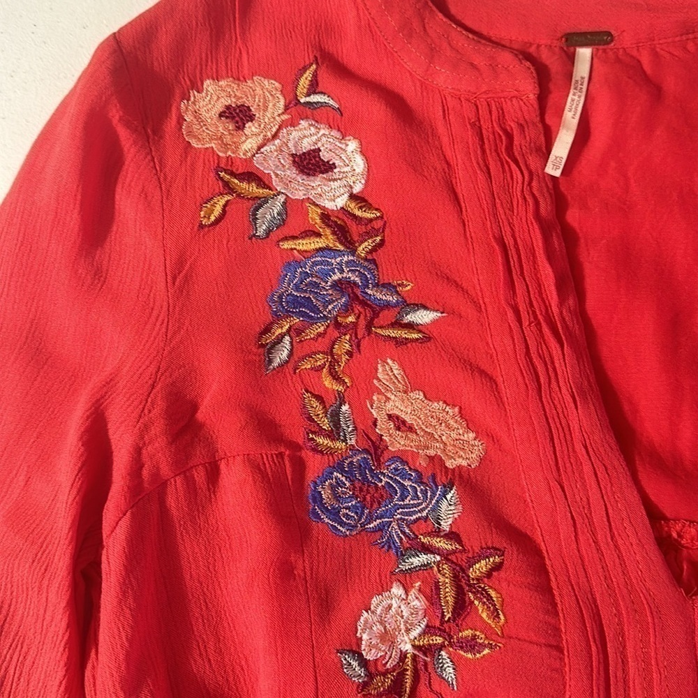 Free People Mia Boho Coral Floral Embroidered V Neck Long Sleeve Mini Dress - Picture 8 of 12